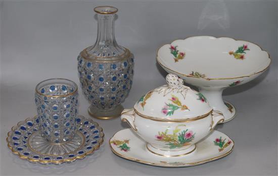A Baccarat moulded glass decanter, beaker and dish, a Paris porcelain sauce tureen and a comport
